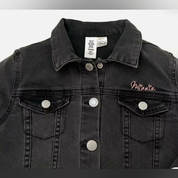 H&M Disney Minnie Washed Denim Jacket Black Long Sleeve Embroidered Size 8 - Picture 4 of 4